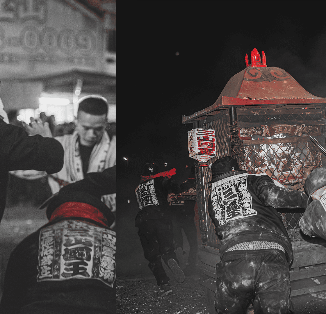 轎班背影特寫與夜間扛轎